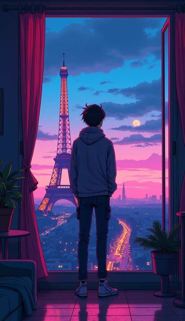 there is a anime guy standing in front of a window looking at the effile tower , synthwave aesthetic, lofi artstyle, lofi hip hop, lofi aesthetic, cyberpunk atmosphere, lofi vibes, synthwave style, synthwave, synthwave art, lofi art, synthwave art style, retrowave atmosphere, 8 0 s anime vibe, chillhop, cyberpunk vibes Vibrant color anime style --ar 4:3 --niji 6(low and wide angle view)