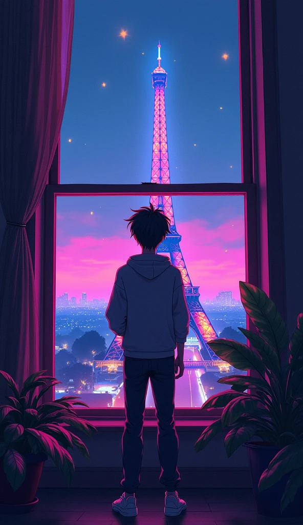 there is a anime guy standing in front of a window looking at the effile tower , synthwave aesthetic, lofi artstyle, lofi hip hop, lofi aesthetic, cyberpunk atmosphere, lofi vibes, synthwave style, synthwave, synthwave art, lofi art, synthwave art style, retrowave atmosphere, 8 0 s anime vibe, chillhop, cyberpunk vibes Vibrant color anime style --ar 4:3 --niji 6(low and wide angle view)