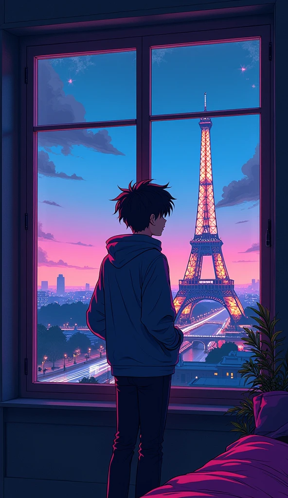 there is a anime guy standing in front of a window looking at the effile tower , synthwave aesthetic, lofi artstyle, lofi hip hop, lofi aesthetic, cyberpunk atmosphere, lofi vibes, synthwave style, synthwave, synthwave art, lofi art, synthwave art style, retrowave atmosphere, 8 0 s anime vibe, chillhop, cyberpunk vibes Vibrant color anime style --ar 4:3 --niji 6(low and wide angle view)