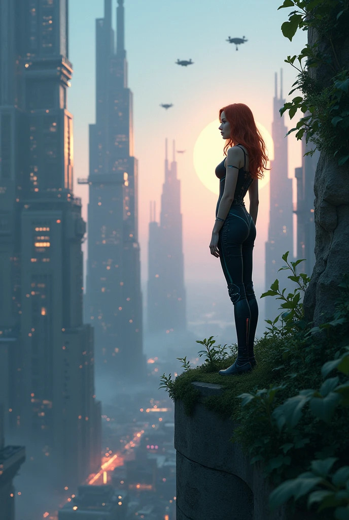 Create a detailed scene of Emma, the protagonist, standing at the edge of a vast, futuristic city intertwined with nature. The cityscape combines ultra-modern skyscrapers with reflective surfaces and overgrown vegetation creeping up the structures, symbolizing the fusion of technology and nature. Emma, a thoughtful and determined young woman, has shoulder-length, wavy auburn hair, piercing green eyes, and a confident posture. She wears a sleek, dark outfit with subtle, glowing circuits, hinting at her connection to the virtual world. Her expression shows curiosity mixed with a hint of apprehension as she gazes at the landscape before her.
In the background, the blurred horizon gives a sense of the simulation’s vastness. The sky is a gradient of deep blues and purples, dotted with distant stars, contrasting the artificial and the natural. Lighting emphasizes the buildings’ reflective surfaces and casts soft shadows from the vegetation, giving the scene a dreamlike quality. Small, hovering drones patrol the city in the distance, adding to the controlled yet wild atmosphere.
The scene should convey a sense of vast potential and unknown challenges, setting the tone for the story’s exploration of philosophical themes. The visual style must blend the organic and artificial, reflecting the narrative’s exploration of the boundaries between the real and the simulated. Each element in the scene should hint at the deeper, interconnected nature of the world Emma is about to enter.
Ensure Emma’s portrayal remains consistent across all scenes in the series, emphasizing her unique appearance and the duality of her character—grounded in reality but connected to the virtual world. The visuals should support the ongoing themes of identity, reality, and the merging of different worlds, creating a cohesive visual journey. The image should be epic and immersive, with an emphasis on hyper-realistic details and the complexity of philosophical and technological elements.