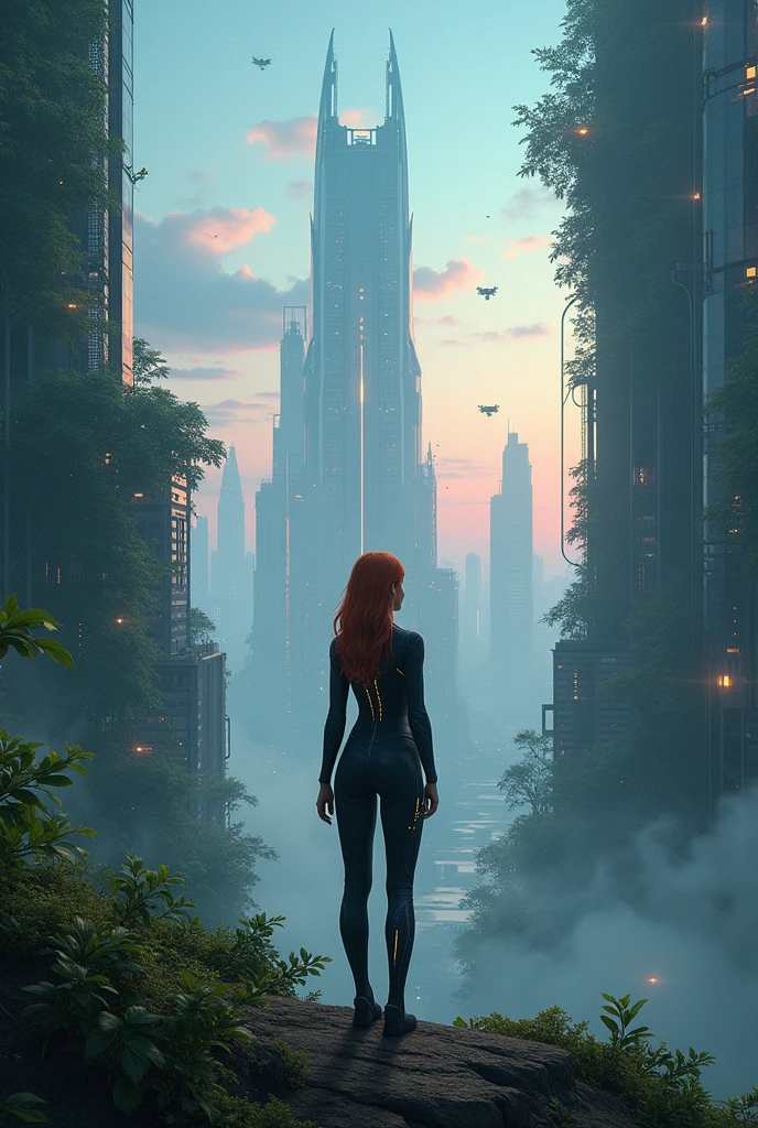Create a detailed scene of Emma, the protagonist, standing at the edge of a vast, futuristic city intertwined with nature. The cityscape combines ultra-modern skyscrapers with reflective surfaces and overgrown vegetation creeping up the structures, symbolizing the fusion of technology and nature. Emma, a thoughtful and determined young woman, has shoulder-length, wavy auburn hair, piercing green eyes, and a confident posture. She wears a sleek, dark outfit with subtle, glowing circuits, hinting at her connection to the virtual world. Her expression shows curiosity mixed with a hint of apprehension as she gazes at the landscape before her.
In the background, the blurred horizon gives a sense of the simulation’s vastness. The sky is a gradient of deep blues and purples, dotted with distant stars, contrasting the artificial and the natural. Lighting emphasizes the buildings’ reflective surfaces and casts soft shadows from the vegetation, giving the scene a dreamlike quality. Small, hovering drones patrol the city in the distance, adding to the controlled yet wild atmosphere.
The scene should convey a sense of vast potential and unknown challenges, setting the tone for the story’s exploration of philosophical themes. The visual style must blend the organic and artificial, reflecting the narrative’s exploration of the boundaries between the real and the simulated. Each element in the scene should hint at the deeper, interconnected nature of the world Emma is about to enter.
Ensure Emma’s portrayal remains consistent across all scenes in the series, emphasizing her unique appearance and the duality of her character—grounded in reality but connected to the virtual world. The visuals should support the ongoing themes of identity, reality, and the merging of different worlds, creating a cohesive visual journey. The image should be epic and immersive, with an emphasis on hyper-realistic details and the complexity of philosophical and technological elements.