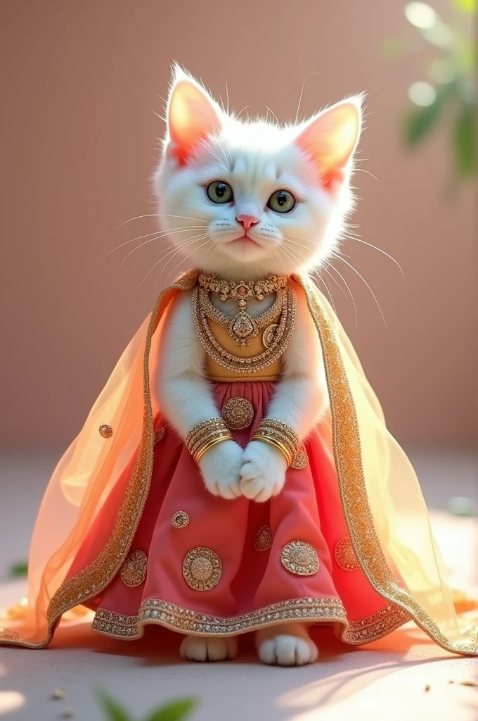 White color ki real cat Hale hare color ka lehenga pahne hue hathon mein chudiyan pairon mein chappal hath mein bag leve jewellery pahne hue Puri white color ki chhoti cat