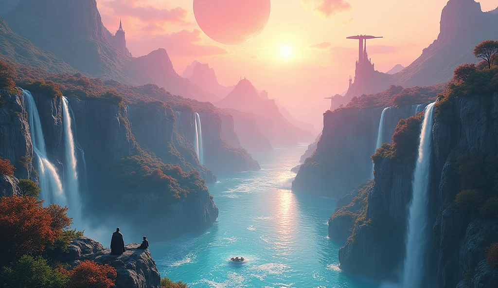 Aerial view in isometric perspective. Immerse yourself in a paradise world, enlightened and rich, where the purity of the air and the cleanliness of the environment create an atmosphere of unparalleled serenity. A large nearby planet adorns the crystal-clear sky, complementing the natural beauty of the landscape. Majestic waterfalls flow constantly, serving as the heart of this paradise. The inhabitants of this world, beings similar to humans but more beautiful, tall and elegant in their walk, They live in perfect harmony with nature. Their R Style homes. h. Giger, They are mega futuristic, They are perfectly integrated into the natural environment, merging with the flora and fauna that surrounds them. the sun shines brightly, making the waters sparkle with an almost magical glow. The temperature is ideal, further beautifying the air, while the inhabitants of this place enjoy an eternal and happy existence. The film presents an intricate and harmonious landscape, Captured in a hyper-realistic high-resolution image at 8K. every detail, from artifacts to natural elements, It is highly defined and focused, revealing the perfection of this alien paradise. The cinematography uses a superior wide-angle lens with the maximum possible aperture., allowing every aspect of the scene to be captured with stunning clarity and depth. The lighting is carefully designed in a professional film studio, ensuring that every corner of the stage shines with an ethereal light that enhances the beauty and peace of this world.. "Eternal Harmony" It is a visual journey to an alien paradise, a place where the perfection of nature and the harmony of its inhabitants create a world that seems to be out of time. It is the sunset that dyes the landscape pink and orange and in harmony with the environment, A reminder of what can be achieved when technology and nature coexist in perfect unity..
