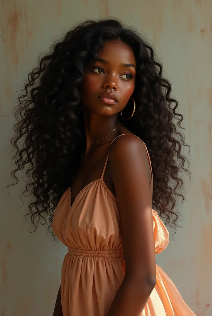 A black girl with long hair and a dress