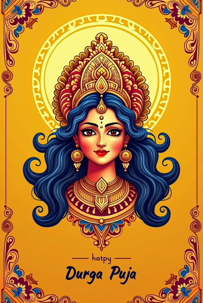 happy durga puja festival banner design in yellow background with goddess durga face illustration