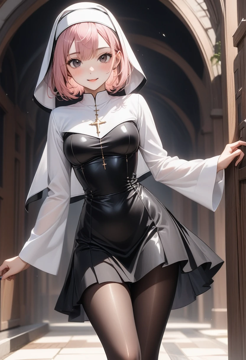 ((((traditional nun a black)), panties, skirt, Pantyhose, Stiletto heels)), ((Shiny Costumes)), (skindentation), skinny, alone, solo, Masterpiece, highest quality, highest quality, 16K, incredibly absurd, highly detailed, 2.5D, ai-generated, delicate and dynamic, very delicate facial expressions, delicate eye depiction, erotic, only sexy woman, ((A cute and kind face)), healthy figure, ((1 woman)), 160cm tall, ((medium firm swaying bust)), medium breasts, (short hair), Straight Hair, (pink hair:1.5), bob cut, black eye, blush, Sweat,Embarrassed,sexy, ((thin thighs)), shiny and lustrous, facing straight at viewer, smile, ((standing)), ((arm at side)),