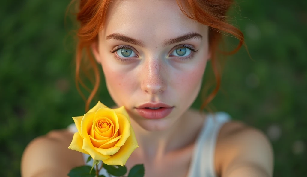 raw photo in UHD RAW format, (taking selfies, aerial view: 0,9), (straight half of the torso: 1,0). A 20 year old girl with a bun, natural red hair and blue eyes, parted lips. [ hyper-realistic texture ], [ hyper-realistic skin texture ], good lighting. fine-details, olhos e rosto extremamente symmetrical, extremely detailed, symmetrical, sharp piercing eyes. a yellow rose
