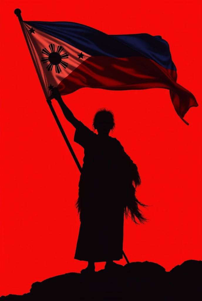 Make me a silhouette of an old woman wearing panuelo and raising the flag of the Philippines and the background is red