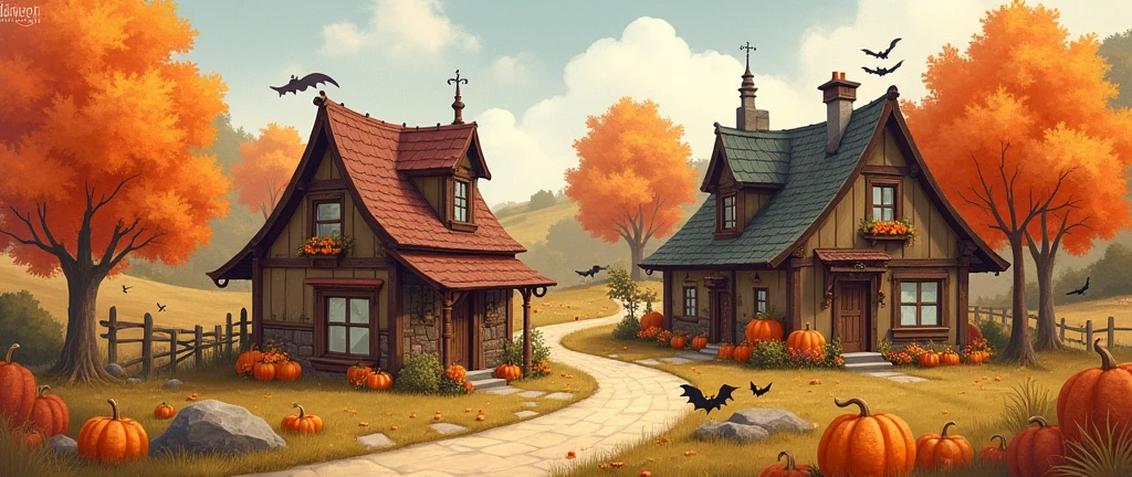 Fall Autumn Aesthetic,Halloween,Cute Village,Town Rustic,Cozy, landscape ,Rustic Orange Maple Leaf Cute Village,Scenery, water color