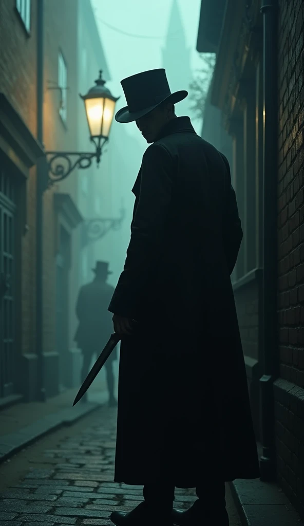 "An intense, dramatic depiction of Jack the Ripper in a dark, foggy Victorian London alley. The figure of Jack is partially shadowed, wearing a long, black coat and a top hat, with a menacing, unreadable expression. A glinting knife is subtly visible in one hand, catching the light from a nearby gas lamp. The fog swirls around him, with dim, eerie lighting creating deep contrasts. The backdrop features old brick walls with faint, ominous graffiti and the suggestion of distant figures or silhouettes in the mist. The atmosphere is chilling and suspenseful, capturing the terror and mystery associated with Jack the Ripper.