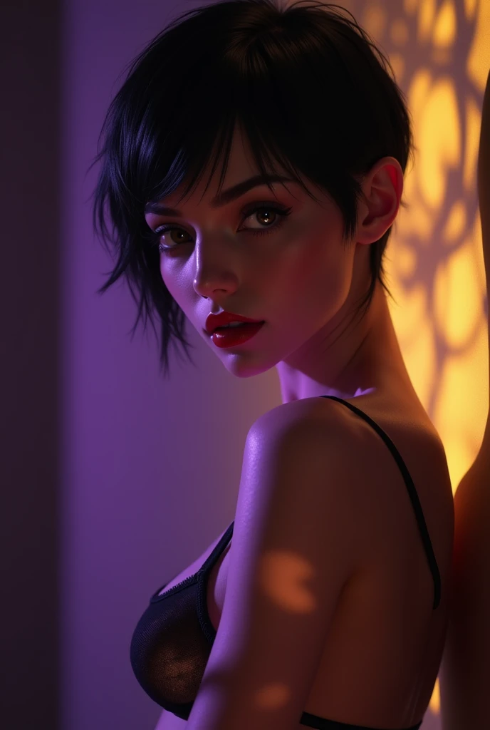 (CRU photo:1.2), (photorrealistic), beautiful detailed girl, very detailled eyes and face, beautiful detailed eyes, huge filesize, high resolution, very detailled, best qualityer, [work of art:1.6], illustration, very detailled, fine-details, best qualityer, 32K wallpaper, purple and yellow light, in a dark place, dark atmospher, deep-shadows, details Intricate, 1 young, perfect body shape, big natural breast, pale skin, pixie short black haircut, Red lips, erotic body, thong and low-cut bra, pose sexy, photo by full body