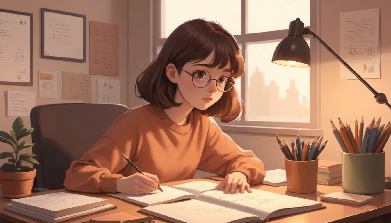 Design an illustration of a lofi girl character in a focused study environment. The character should be shown at a desk, working on a study or creative task, with a look of concentration. Use subtle, warm colors to create an inviting and productive atmosphere. The background can feature study essentials such as books, a desk lamp, and a notebook. Include elements like a cup of coffee or tea, and perhaps a motivational quote on the wall to emphasize a studious and focused vibe.

