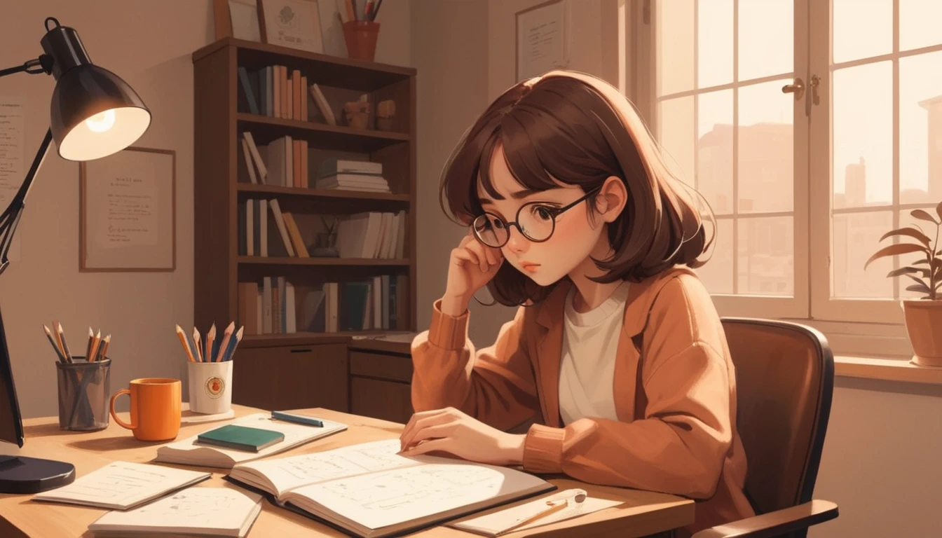 Design an illustration of a lofi girl character in a focused study environment. The character should be shown at a desk, working on a study or creative task, with a look of concentration. Use subtle, warm colors to create an inviting and productive atmosphere. The background can feature study essentials such as books, a desk lamp, and a notebook. Include elements like a cup of coffee or tea, and perhaps a motivational quote on the wall to emphasize a studious and focused vibe.

