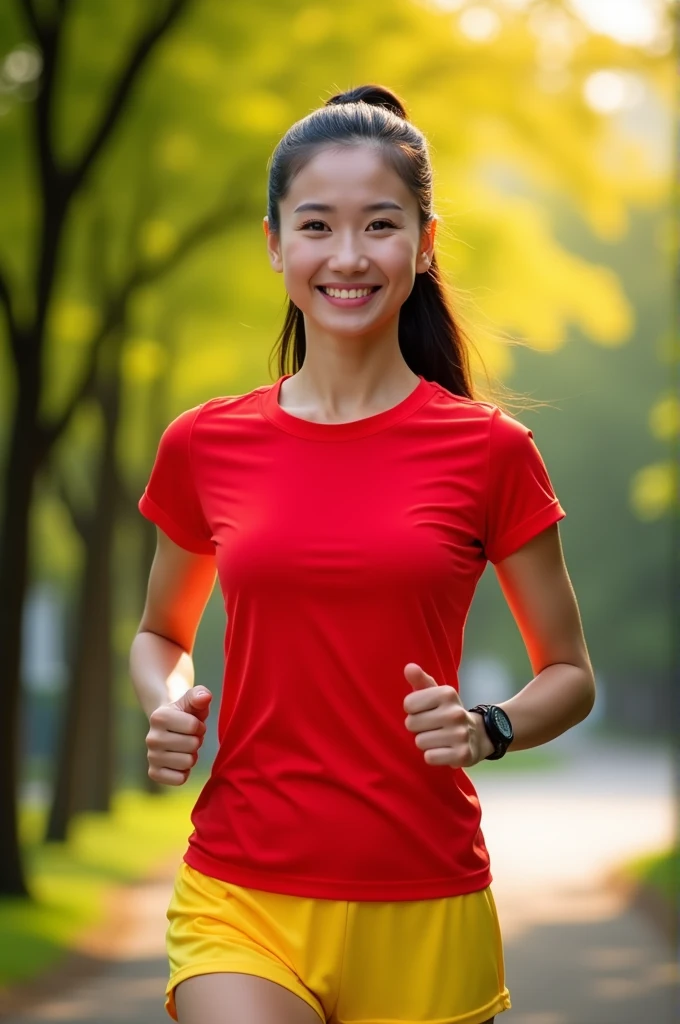 A Vietnamese female runner red t-shirt and yellow athletic shorts, facing the camera directly with a confident and energetic expression. She has long black hair tied up in a high ponytail, her face size is oval. The image is shot outdoors, with warm golden sunlight and lush green trees in the background, creating a refreshing and vibrant atmosphere.