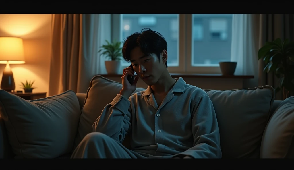 A Japanese salaryman responding to an urgent call from the office in his living room late at night. The scene is realistic, capturing the tension in the quiet of the night. The salaryman, dressed in loungewear, sits on the sofa with a slightly tired expression, holding his phone to his ear as he speaks seriously. The background features a dimly lit living room, softly illuminated by warm lighting, reflecting the pressure of dealing with an emergency late at night
