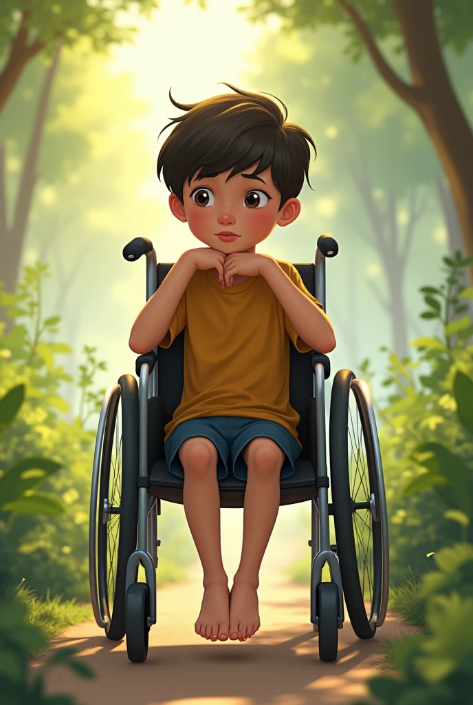 A barefoot young boy in wheelchair