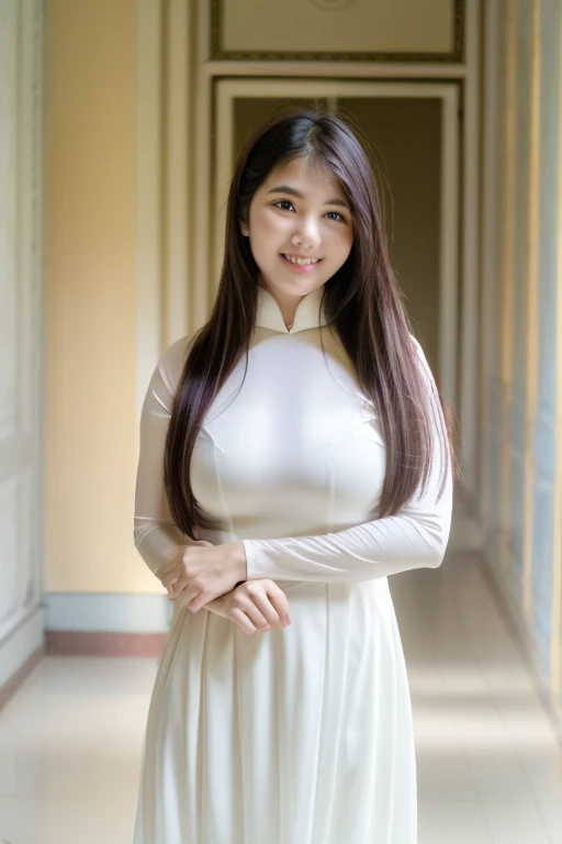 1 girl, ao dai, white dress, long hair, perfect anatomy, perfect body, perfect lighting, beautiful face, best quality, huge breasts, visible white bra under dress , in house, in room, showing off body, sexy, hands hugging breasts