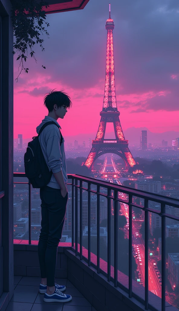 there is a anime guy standing in front of balcony looking at the effile tower , synthwave aesthetic, lofi artstyle, lofi hip hop, lofi aesthetic, cyberpunk atmosphere, lofi vibes, synthwave style, synthwave, synthwave art, lofi art, synthwave art style, retrowave atmosphere, 8 0 s anime vibe, chillhop, cyberpunk vibes Vibrant color anime style --ar 4:3 --niji 6(low and wide angle view)