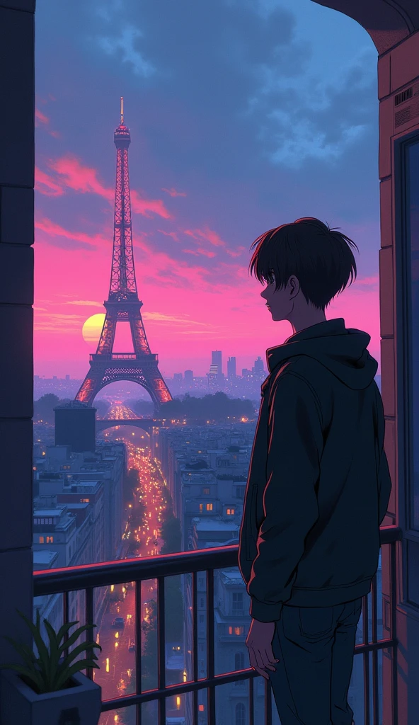 there is a anime guy standing in front of balcony looking at the effile tower , synthwave aesthetic, lofi artstyle, lofi hip hop, lofi aesthetic, cyberpunk atmosphere, lofi vibes, synthwave style, synthwave, synthwave art, lofi art, synthwave art style, retrowave atmosphere, 8 0 s anime vibe, chillhop, cyberpunk vibes Vibrant color anime style --ar 4:3 --niji 6(low and wide angle view)