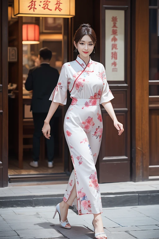 Highest quality, 8k resolution, masterpiece, Professional photography, A 40-year-old beauty with an idol-like face, Walking China's mysterious coast, She is wearing a white one-piece swimsuit.、Portrait Photography, (((Look forward))), (((View your viewers))), Wrinkles around the eyes, Standing Elegantly, Slender and soft body, The most elegant and beautiful very long wavy hair, Ultra-high resolution glossy skin