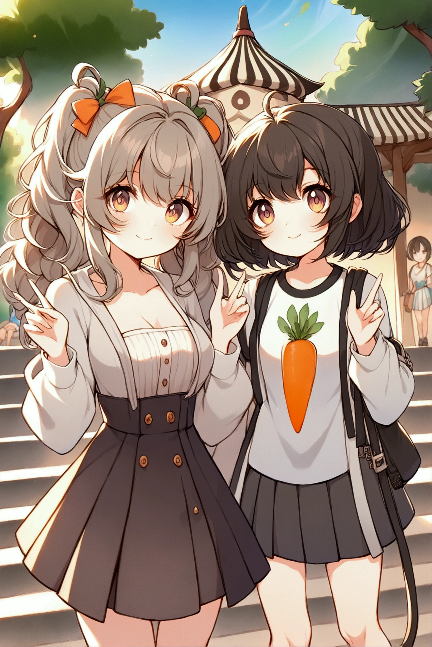 Full body illustration，Xiaoxuan（left）and Xiaohong（right）standing outdoors，Stairs with trees and sunlight in the background。Both characters are high school girls，With a more feminine look，Smile and act cute「in」word gesture。Xiaoxuan站在left邊，Has light brown curly double ponytails，Wearing thick-framed round glasses，Wearing a white high school top and dark pleated skirt，With school shoes。Her posture is cute and feminine，Fits the body shape of high school girls。

小紅站在right邊，Short black hair with bob head，Wearing a 4XL oversized white T-shirt with a carrot print，not wearing pants，Pair with comfortable shoes。Her body shape is also more like a typical high school girl，Enhances her cuteness and femininity。The entire scene is rendered in a vibrant watercolor style，Soft colors enhance the warm and sunny atmosphere，and notice the design and expressions of the characters，Showing off their full body looks from head to toe，breeze blows，Clothes fly up。Looking up at the camera, 