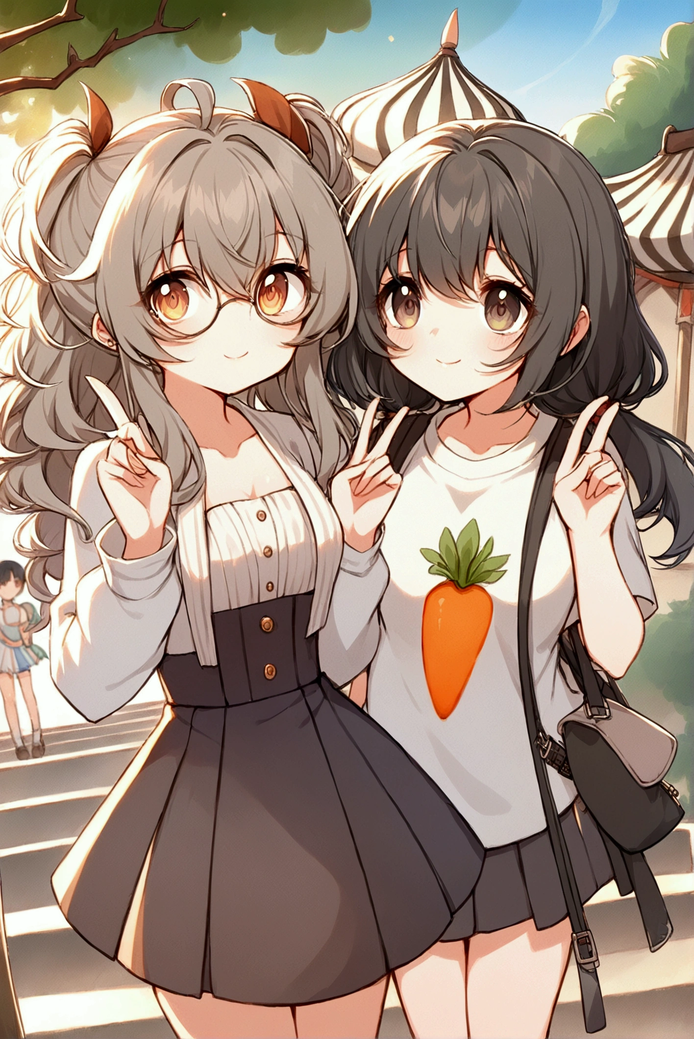 Full body illustration，Xiaoxuan（left）and Xiaohong（right）standing outdoors，Stairs with trees and sunlight in the background。Both characters are high school girls，With a more feminine look，Smile and act cute「in」word gesture。Xiaoxuan站在left邊，Has light brown curly double ponytails，Wearing thick-framed round glasses，Wearing a white high school top and dark pleated skirt，With school shoes。Her posture is cute and feminine，Fits the body shape of high school girls。

小紅站在right邊，Short black hair with bob head，Wearing a 4XL oversized white T-shirt with a carrot print，not wearing pants，Pair with comfortable shoes。Her body shape is also more like a typical high school girl，Enhances her cuteness and femininity。The entire scene is rendered in a vibrant watercolor style，Soft colors enhance the warm and sunny atmosphere，and notice the design and expressions of the characters，Showing off their full body looks from head to toe，breeze blows，Clothes fly up。Looking up at the camera, 