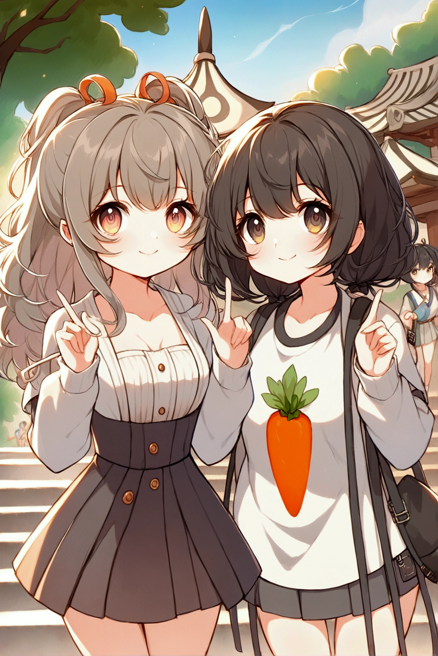 Full body illustration，Xiaoxuan（left）and Xiaohong（right）standing outdoors，Stairs with trees and sunlight in the background。Both characters are high school girls，With a more feminine look，Smile and act cute「in」word gesture。Xiaoxuan站在left邊，Has light brown curly double ponytails，Wearing thick-framed round glasses，Wearing a white high school top and dark pleated skirt，With school shoes。Her posture is cute and feminine，Fits the body shape of high school girls。

小紅站在right邊，Short black hair with bob head，Wearing a 4XL oversized white T-shirt with a carrot print，not wearing pants，Pair with comfortable shoes。Her body shape is also more like a typical high school girl，Enhances her cuteness and femininity。The entire scene is rendered in a vibrant watercolor style，Soft colors enhance the warm and sunny atmosphere，and notice the design and expressions of the characters，Showing off their full body looks from head to toe，breeze blows，Clothes fly up。Looking up at the camera, 