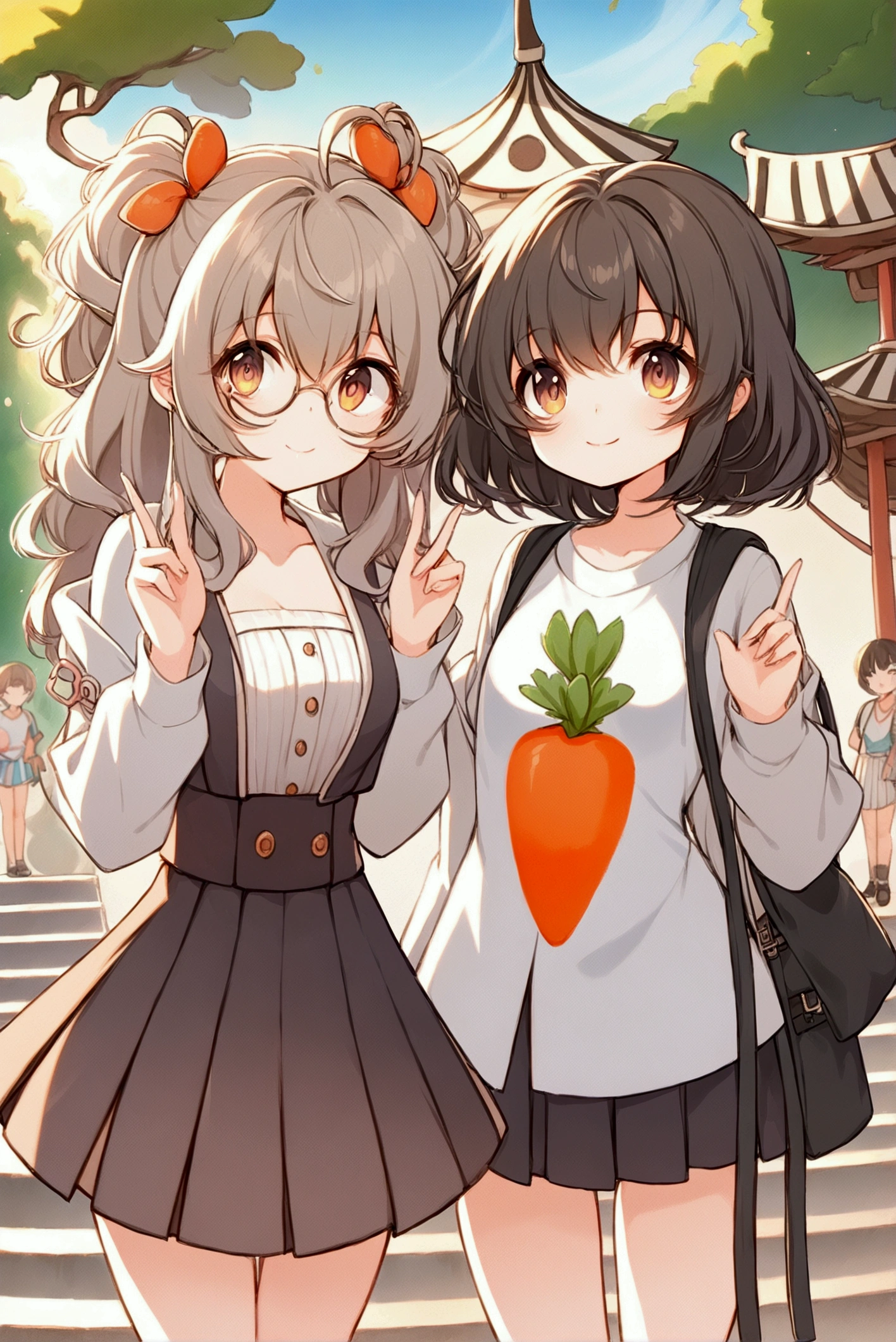 Full body illustration，Xiaoxuan（left）and Xiaohong（right）standing outdoors，Stairs with trees and sunlight in the background。Both characters are high school girls，With a more feminine look，Smile and act cute「in」word gesture。Xiaoxuan站在left邊，Has light brown curly double ponytails，Wearing thick-framed round glasses，Wearing a white high school top and dark pleated skirt，With school shoes。Her posture is cute and feminine，Fits the body shape of high school girls。

小紅站在right邊，Short black hair with bob head，Wearing a 4XL oversized white T-shirt with a carrot print，not wearing pants，Pair with comfortable shoes。Her body shape is also more like a typical high school girl，Enhances her cuteness and femininity。The entire scene is rendered in a vibrant watercolor style，Soft colors enhance the warm and sunny atmosphere，and notice the design and expressions of the characters，Showing off their full body looks from head to toe，breeze blows，Clothes fly up。Looking up at the camera, 