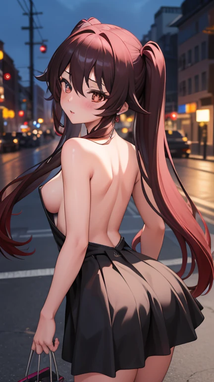 masterpiece, Best Quality, HuTaoV4, 1 girl, Alone, blush, two tails, by the wide, hair between the eyes, ((Street clothes)), city, outdoor, evening, movie poster, 8k extremadamente detallado, seeds, High resolution, ultra quality, cinematic lighting, ambient occlusion, High Definition, 2k, 4k, 8k, 16k, extremely detailed anime, Detailed faces, perfect composition, plano general, atmospheric lighting, very sexy, lift skirt, random lower back angle, uncensored, NSFW, uncensored