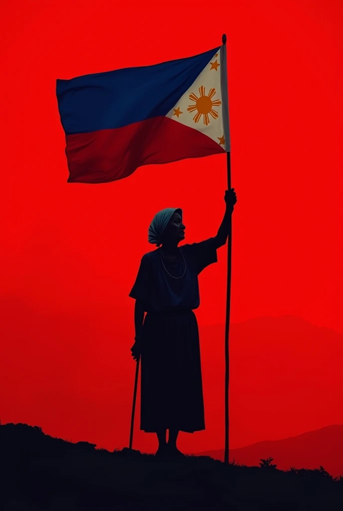 Make me a silhouette of an old woman wearing panuelo and raising the flag of the Philippines and the background is red 

Make it landscape 