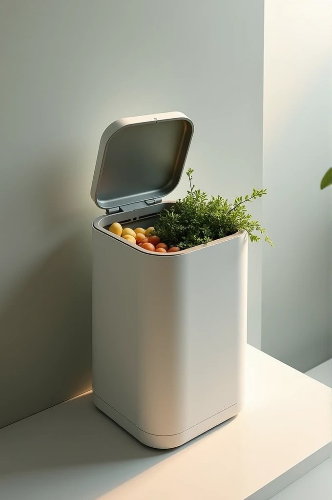 Minimalist style smart trash can that turns food scraps into compost