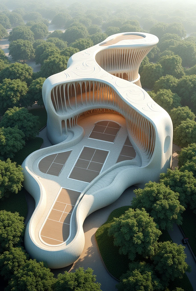 Generate a court that has a symbolic cover that is organic and that takes into account the concepts of hierarchy, rhythm and focal point. Viewed from the outside, this must be an architectural proposal in the form of an aerial view.