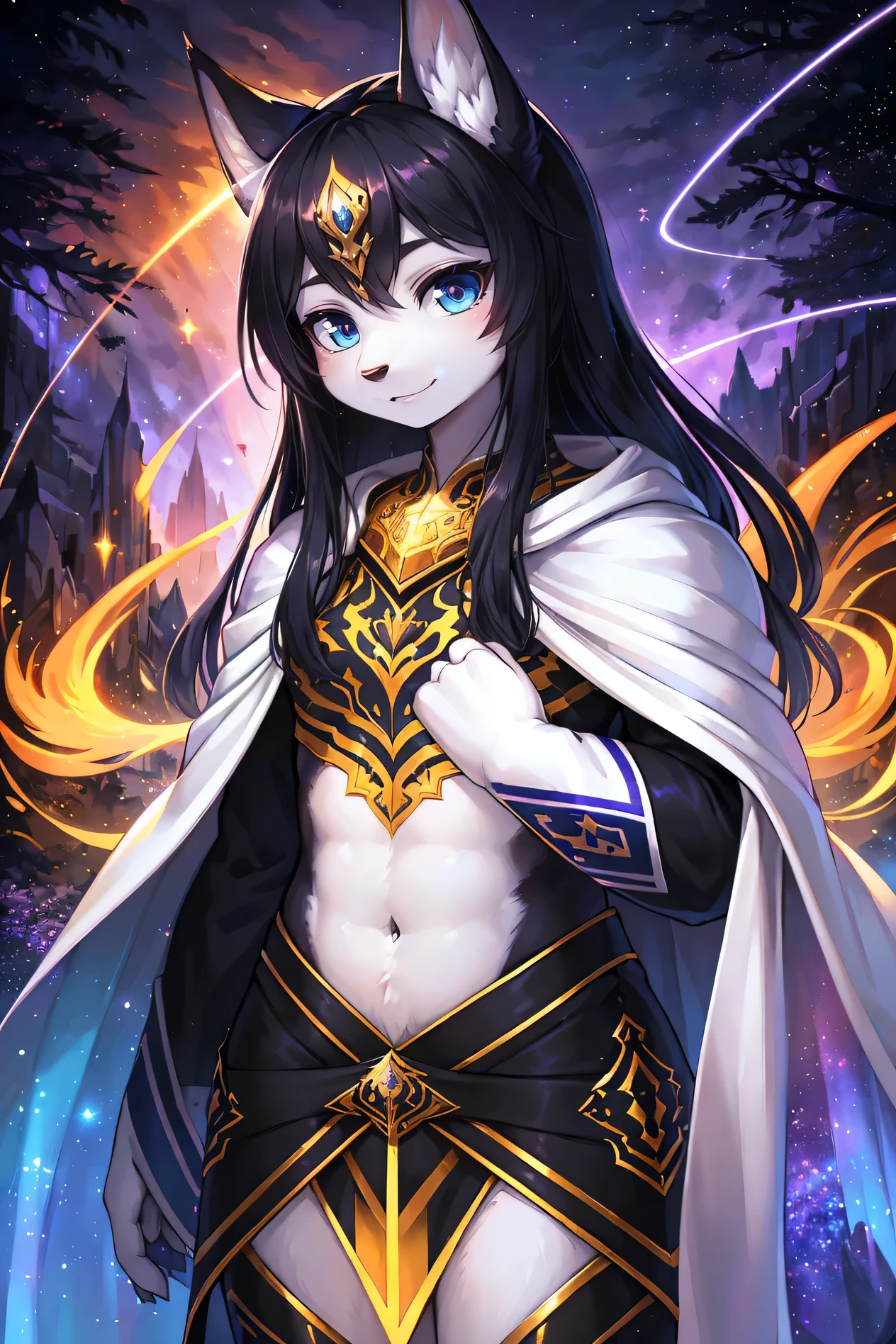(masterpiece, Top quality, best quality, Official Art, beautiful and aesthetic:1.2), (1 Girl), Extremely detailed eyes, (fractal art:1.3), rich and colorful, The most detailed, (Perfect face), Glowing skin, HDR, (white cloak golden lines:1.2), galaxy, (Light stripes), Eye-Catching Visuals, (Dynamic Stripes, Luminous trails:1.2), Vibrant colors, (Phoenix), (dragon), Blue eyes, (Realistic eye detail 1.2), Abdominal muscles, Perfect centralization, Dreamy black and white light beams,Male wolf height 180 cm，Blue-purple eyes, , Black long hair, end, Show off your perfect figure，Red and black of clothes，Smile，Two little ears，Fair skin ，In the woods,of