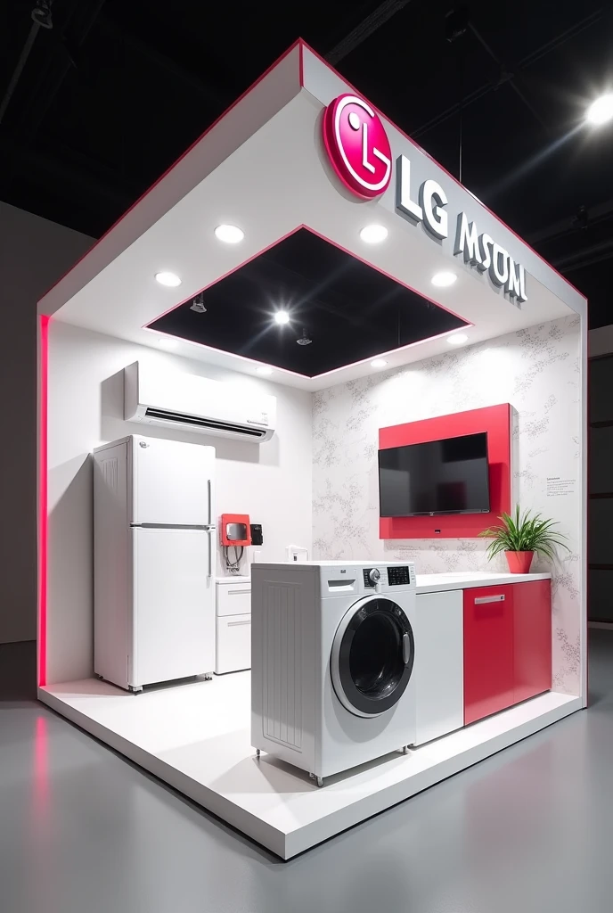 Create a 9 square meter stand for LG Electronics that will participate in a home improvement fair. I want this to have an ecosystem of my main white line products, such as an air conditioner, a refrigerator, a washtower and a television that has the colors red and white .
I need the stand to be simple because it's August 30th and my event is on September 5th..
I want it to have a backing or printed walls since I don't have time to make furniture. It uses the LG artcool air conditioner model VR122C7