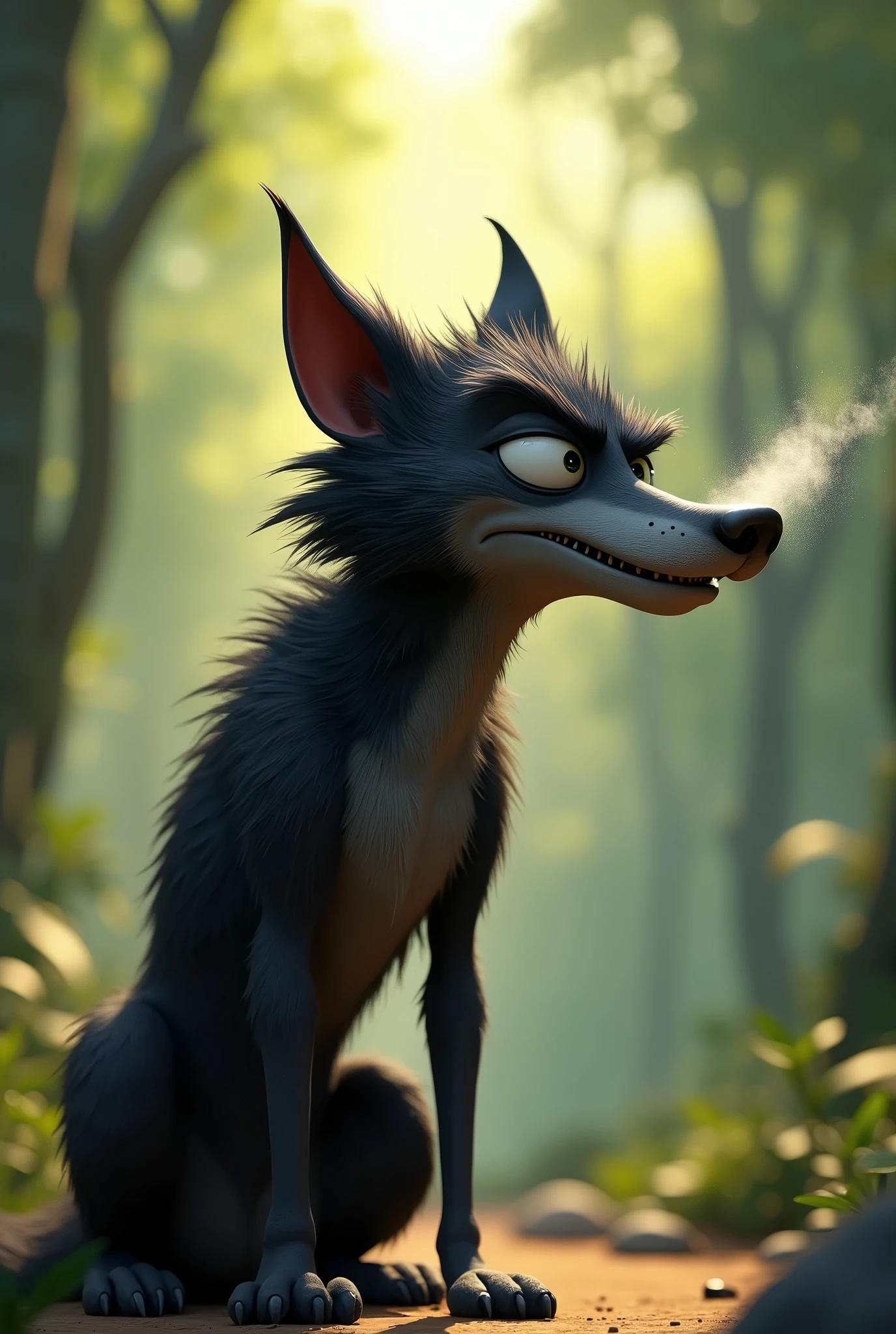 pixar style, sideview of a 3D cute but revengeful mischief black furry wolf with grey snout and belly, with realistic black fur, 3D illustration, blowing air from mouth with full force in a cartoon style with exaggeration, (1male wolf:1.2), (sinister and mischief expression:1.5), dark behaviour, lean build, (disproportionate body long nose and mouth), (realistic fur texture), (jungle background:1.4), sunlight filtering through the trees, (soft lighting:1.3), (green and earthy color scheme:1.3), (highly detailed), (ultra quality:1.3), (masterpiece), (digital art), 8K resolution, HDR, depth of field, (soft shadows), (photorealistic:1.3), (animation:1.2), (by Greg Rutkowski:0.9), (in the style of Alphonse Mucha), trending on ArtStation, award-winning art