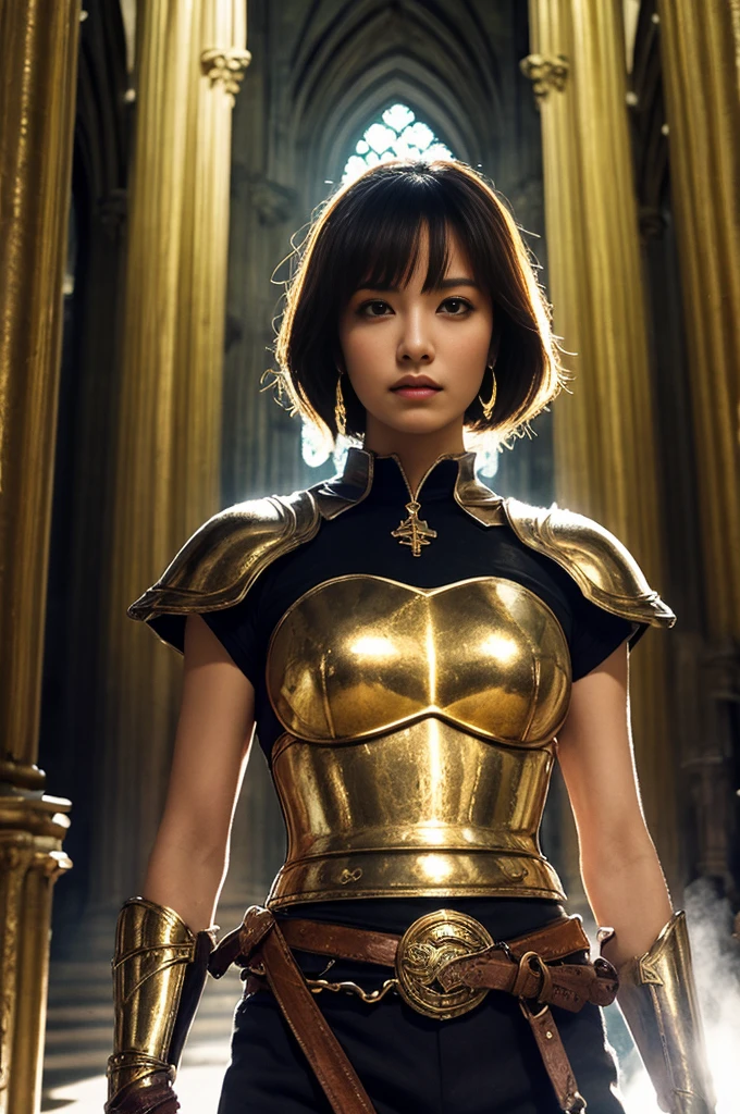 best quality, masterpiece, HDR photorealistic image, extremely detailed, great lighting, BREAK, Female brazilian knight in full armor, hkstyle, white with gold embellishments, bangs, earrings, holding a legendary sword by the hilt, the sword glowing rainbow, in a gothic cathedral, shafts of light from the windows, High Definition HD, High Detail, Perfect Composition, dark fantasy movie, cowboy shot
