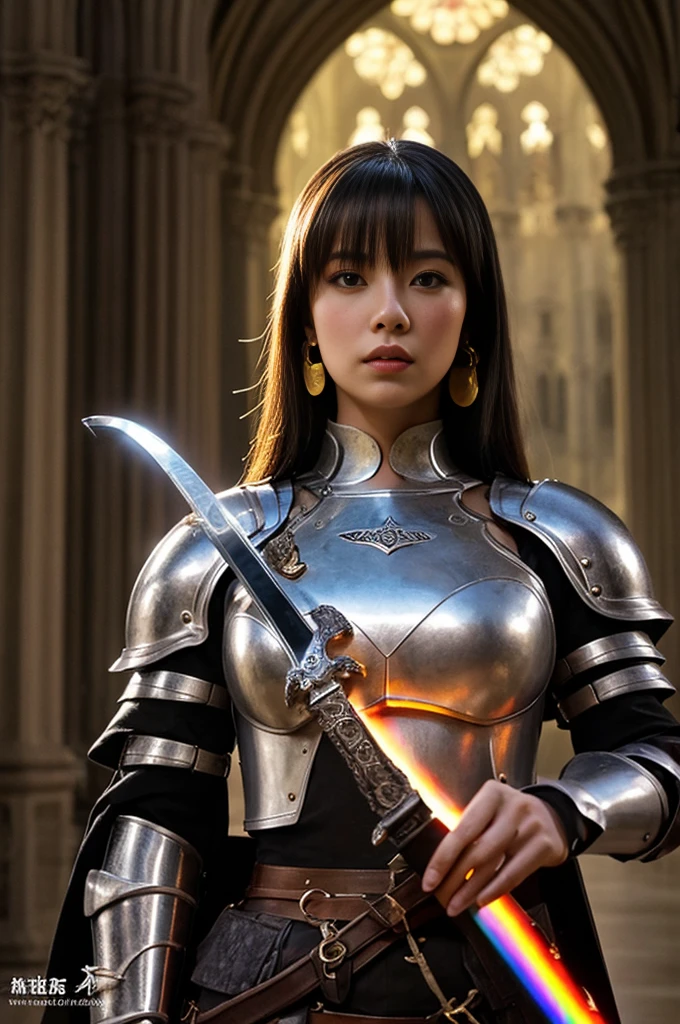 best quality, masterpiece, HDR photorealistic image, extremely detailed, great lighting, BREAK, Female brazilian knight in full armor, hkstyle, white with gold embellishments, bangs, earrings, holding a legendary sword by the hilt, the sword glowing rainbow, in a gothic cathedral, shafts of light from the windows, High Definition HD, High Detail, Perfect Composition, dark fantasy movie, cowboy shot