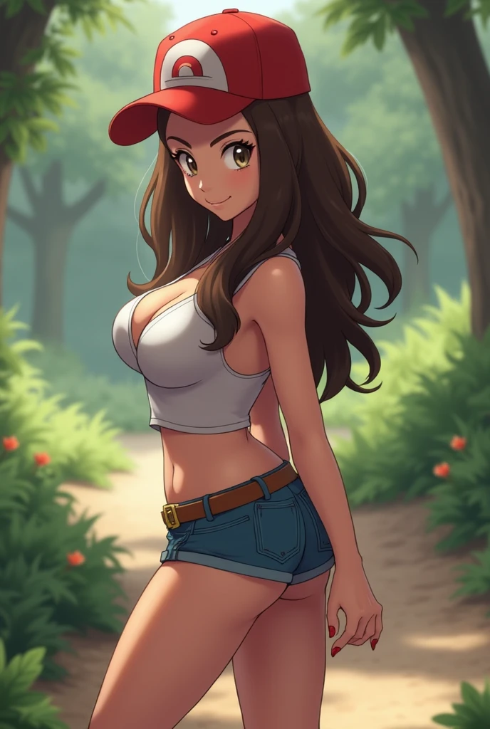 Hilda (pokemon trainer) is caucasian with a sexy body bent over