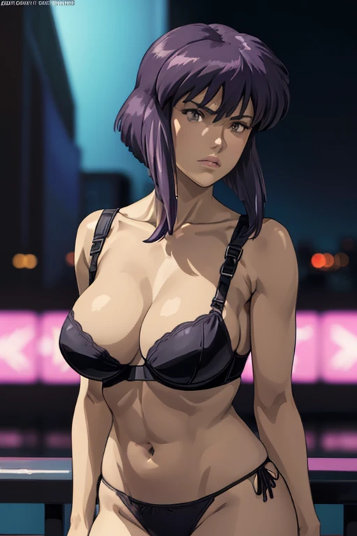 Masterpiece, Top Quality, Kusanagi Motoko, Anime, 8K, "She has shoulder-length dark purple hair with straight bangs and piercing, confident reddish-brown eyes. (Her face is slightly rounded: 1.3). She wears sleek, form-fitting (black underwear: 1.3) clothing. (She is looking straight ahead and staring directly at me.) Her posture is strong and assertive, exuding confidence and dignity. A neon-lit hideout is depicted in the background. The illustration should have a high-contrast, well-focused aesthetic."