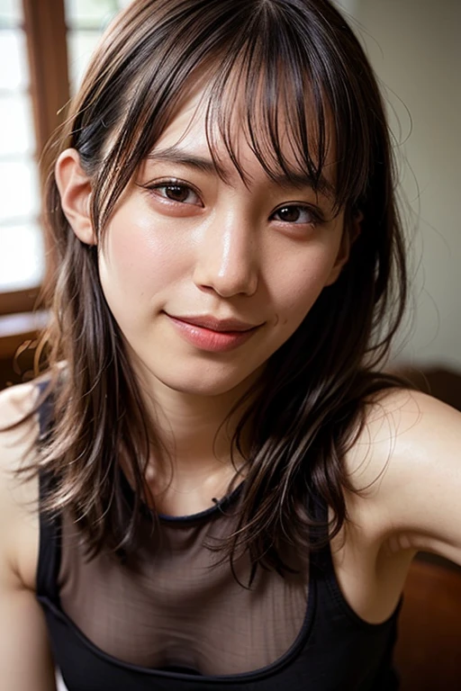 (realistic, photo-realistic, best quality, masterpiece), high resolution, intricate details, extremely detailed, portrait, solo, a Japanese woman, (sleeveless dress), dark hair, detailed face, detailed eyes, sophisticated nose, realistic nostrils, pale skin, (big smile, hands behind head, armpits), photo background, indoors,