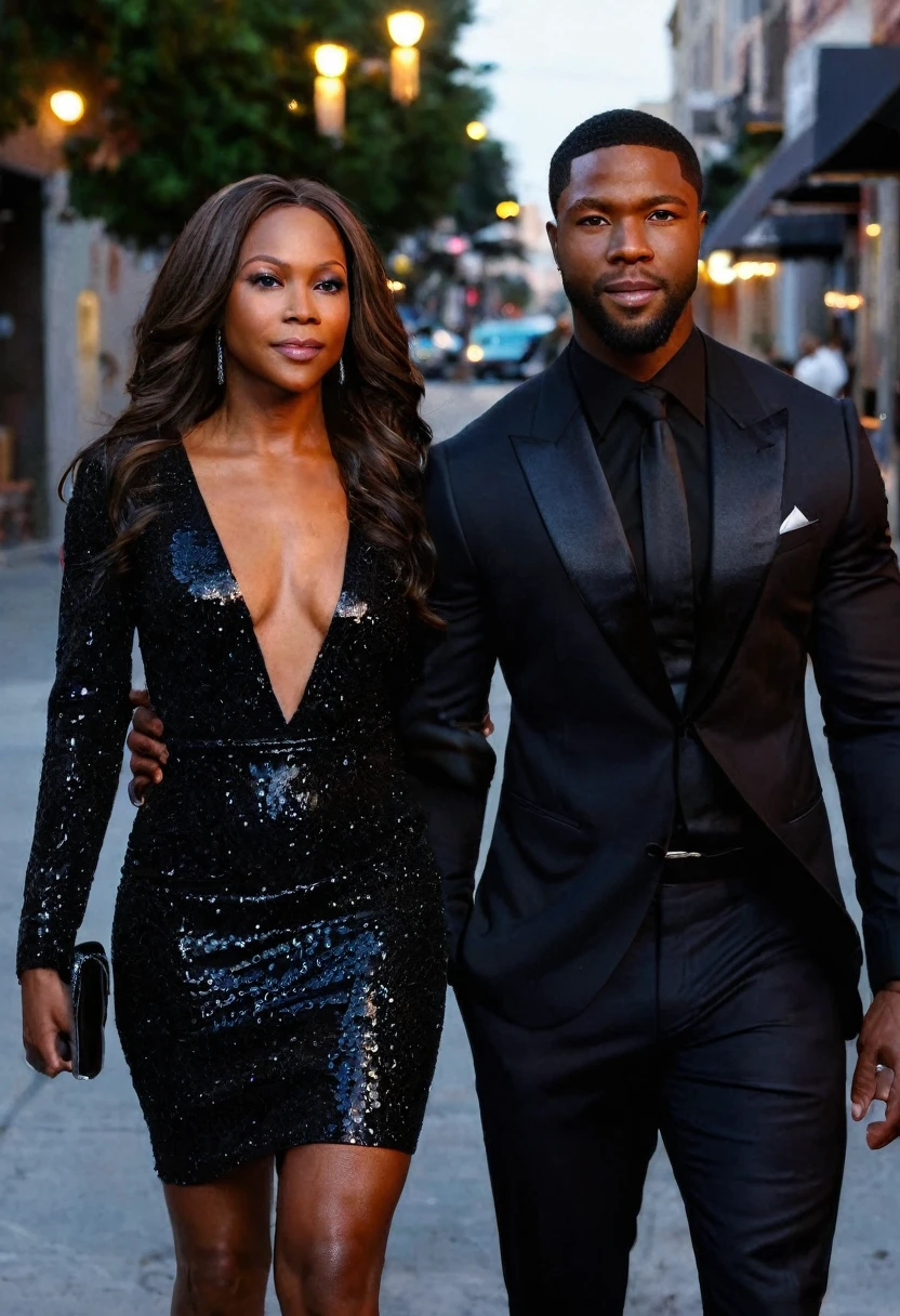 Caucasian actress Jennifer Holland and a handsome African American male whose facial features are a combo of Trevante Rhodes + Jovan Adepo + Broderick Hunter enjoy an evening stroll. Both are dressed attractively for a night on the town. Jennifer wears a sparkly black dress. Jennifer has lovely makeup on her face. Nighttime. Romantic ambiance. Symmetrical eyes. Symmetrical faces. Lovely details. Photorealistic. Full-colored photo. Professional photo. Highly detailed 8K.
