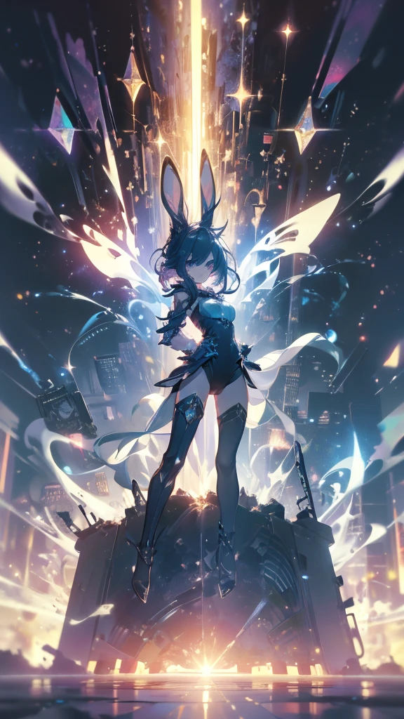 ((masterpiece, best quality)), Epic battlefield atmosphere,Mechanical Girl,Wear a bunny costume,Extremely beautiful,bright,Natural light,Starlight decoration,Starry clouds,whole body,Standing picture,Sparkling eyes,Perfect body proportions,sexly