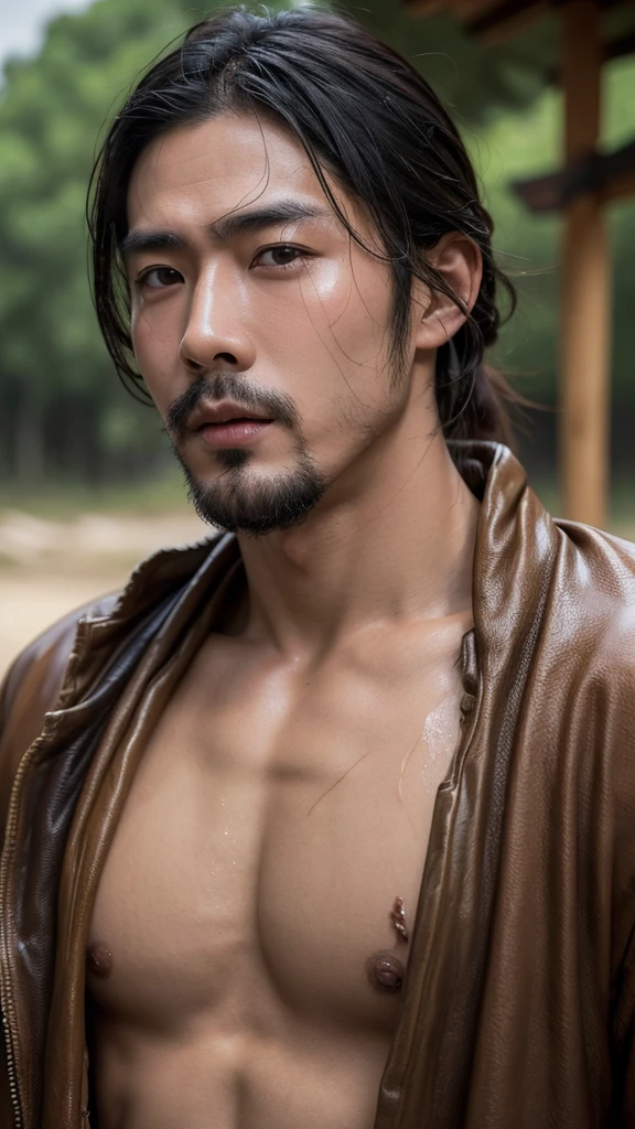 A handsome (Japanese) peasant, muddy, dirty, wet, raunchy outfit, provocative portrait, perfect face, (homoerotic:1.2), tall and burly, qualidade 8K, absurd textures details and quality