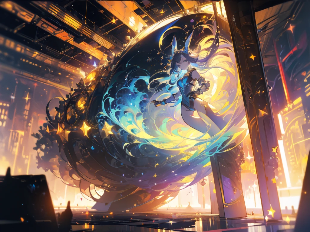 ((masterpiece, best quality)), Epic battlefield atmosphere,Mechanical Girl,Wear a bunny costume,Extremely beautiful,bright,Natural light,Starlight decoration,Starry clouds,whole body,Standing picture,Sparkling eyes,Perfect body proportions,sexly