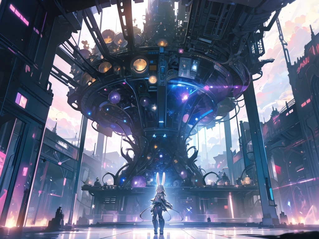 ((masterpiece, best quality)), Epic battlefield atmosphere，Mechanical Girl，Wear a bunny costume，Extremely beautiful，bright，Natural light，Starlight decoration，Starry clouds，whole body，Standing picture，Sparkling eyes，Perfect body proportions,sexly