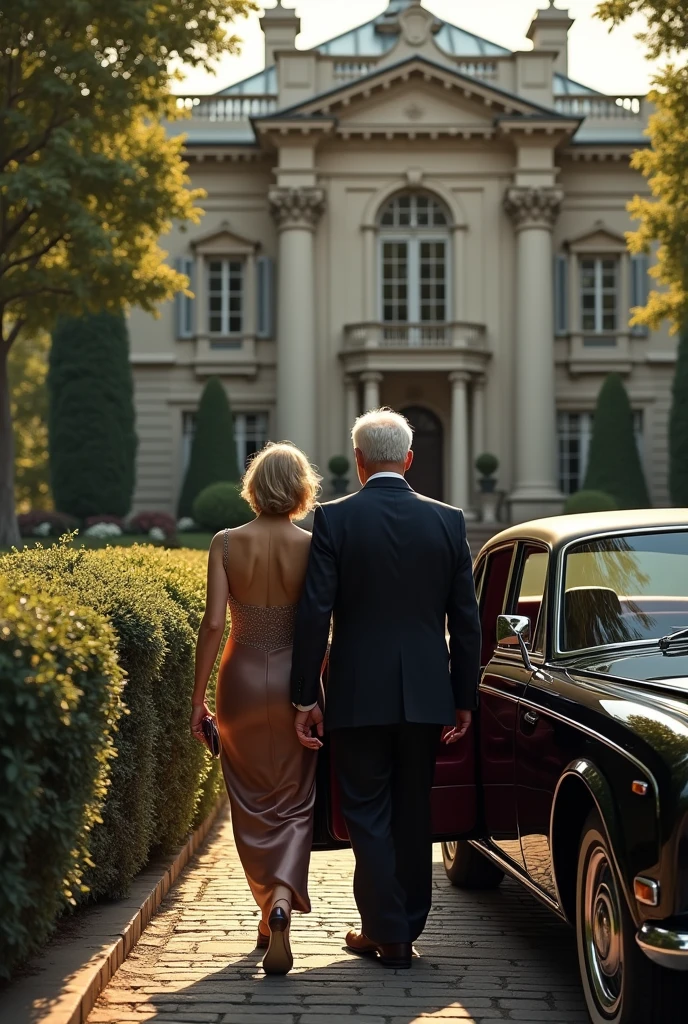 Create an Old Money Scene, where a rich man and his wife step out of their Rolls Royce in front of their European style mansion.