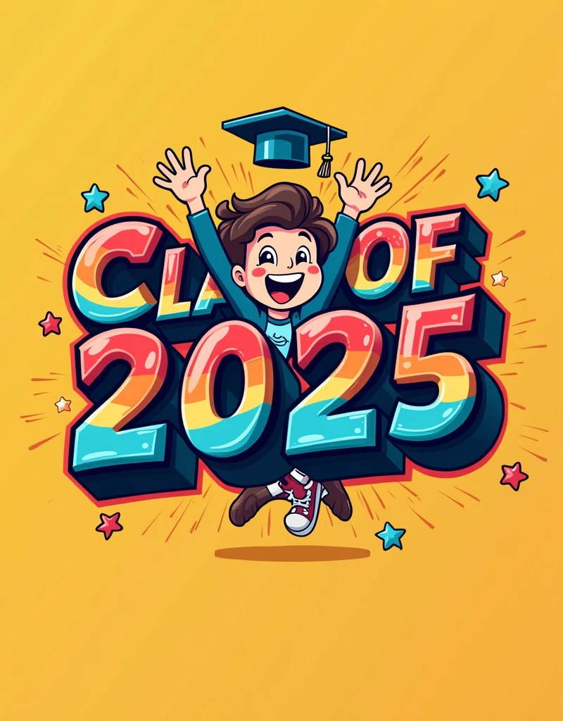 "Class of 2025: We’re Outta Here!" Design: A playful and energetic design featuring "Class of 2025: We’re Outta Here!" in a graffiti-style font. The design includes a cartoon character bursting through the text with a graduation cap flying off, emphasizing the excitement of moving on, all in bold, vibrant colors.