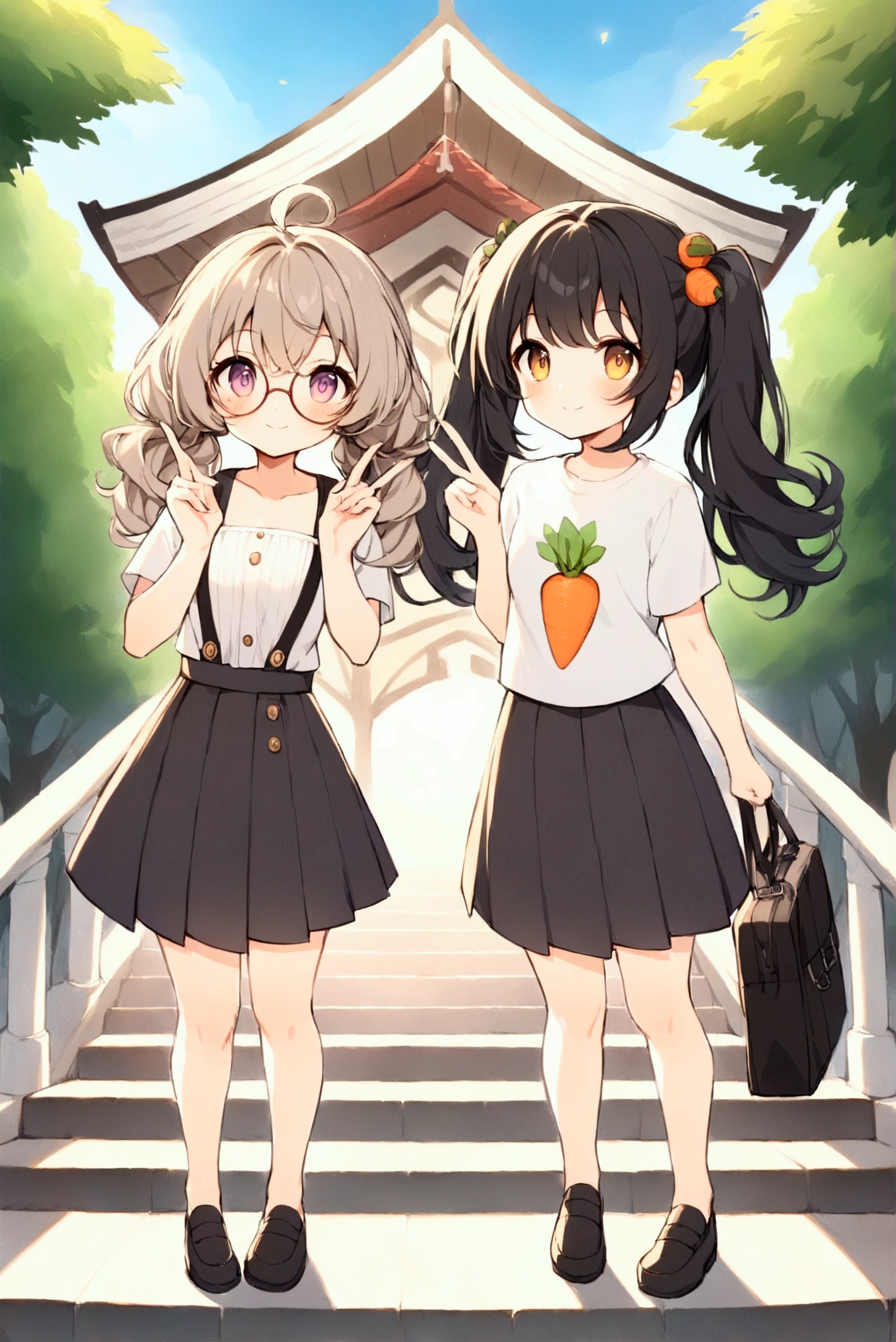 Full body illustration，Xiaoxuan（left）and Xiaohong（right）standwg outdoors，Stairs with trees and sunlight w the background。Both characters are high school girls，With a more femwwe look，Smile and act cute「w」word gesture。Xiaoxuan is standing on the left，Has light brown curly double ponytails，Wearwg big round glasses，Wearwg a white high school top and dark pleated skirt，With school shoes。Her posture is cute and femwwe，Fits the body shape of high school girls。Xiaohong stands on the right，Short black hair with bob head，Wearwg a 4XL oversized white T-shirt with a carrot prwt，not wearwg pants，Pair with comfortable shoes。Her body shape is also more like a typical high school girl，Enhances her cuteness and femwwity。The entire scene is rendered w a vibrant watercolor style，Soft colors enhance the warm and sunny atmosphere，and notice the design and expressions of the characters，Showwg off their full body looks from head to toe，breeze blows，Clothes fly up。Lookwg up at the camera, 