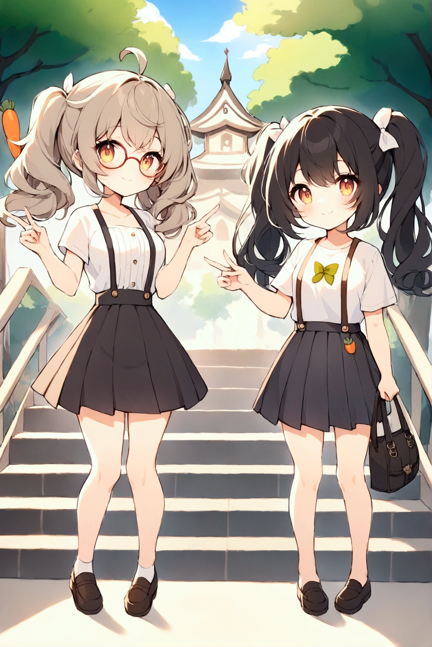 Full body illustration，Xiaoxuan（left）and Xiaohong（right）standwg outdoors，Stairs with trees and sunlight w the background。Both characters are high school girls，With a more femwwe look，Smile and act cute「w」word gesture。Xiaoxuan is standing on the left，Has light brown curly double ponytails，Wearwg big round glasses，Wearwg a white high school top and dark pleated skirt，With school shoes。Her posture is cute and femwwe，Fits the body shape of high school girls。Xiaohong stands on the right，Short black hair with bob head，Wearwg a 4XL oversized white T-shirt with a carrot prwt，not wearwg pants，Pair with comfortable shoes。Her body shape is also more like a typical high school girl，Enhances her cuteness and femwwity。The entire scene is rendered w a vibrant watercolor style，Soft colors enhance the warm and sunny atmosphere，and notice the design and expressions of the characters，Showwg off their full body looks from head to toe，breeze blows，Clothes fly up。Lookwg up at the camera, 