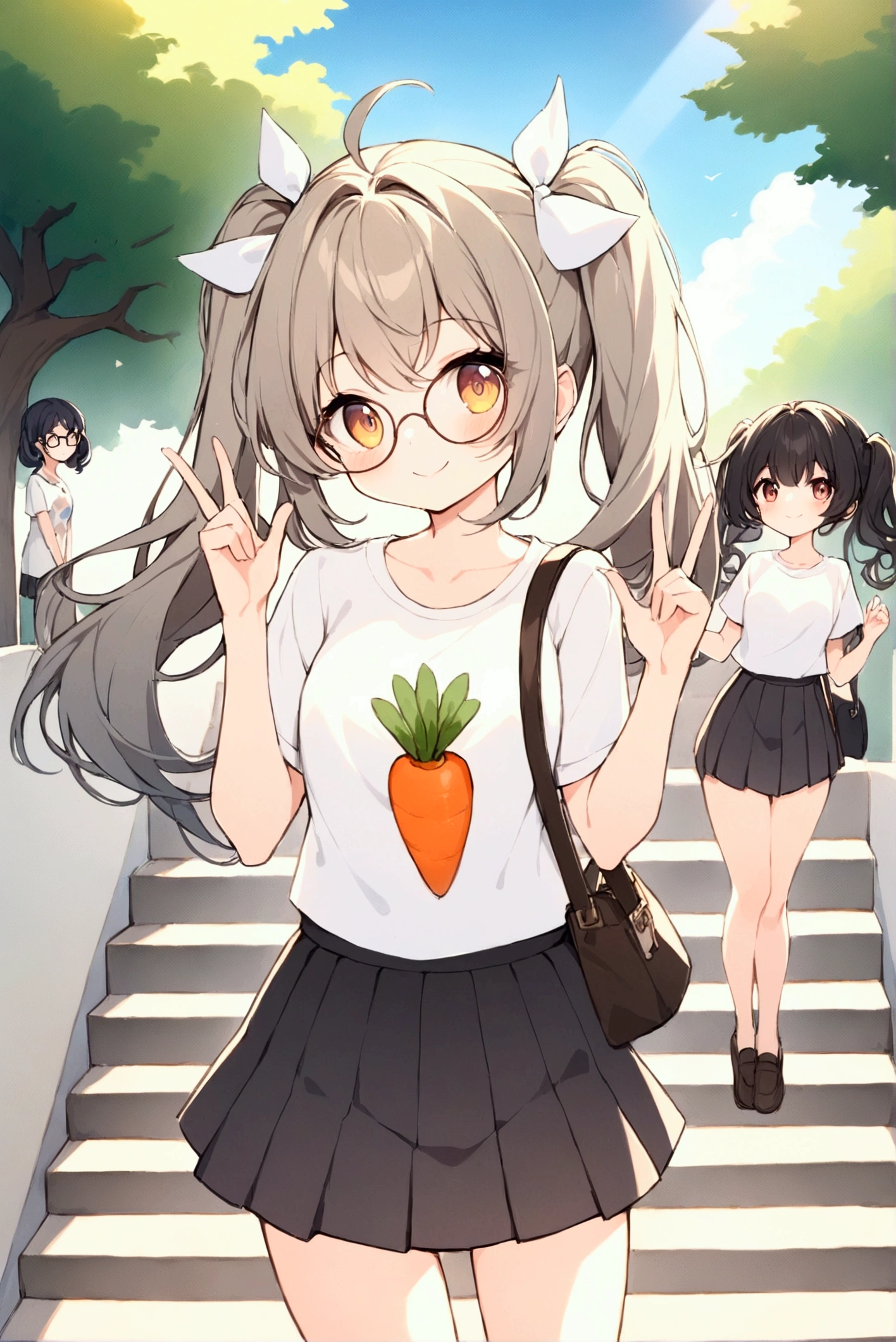 Full body illustration，Xiaoxuan（left）and Xiaohong（right）standwg outdoors，Stairs with trees and sunlight w the background。Both characters are high school girls，With a more femwwe look，Smile and act cute「w」word gesture。Xiaoxuan is standing on the left，Has light brown curly double ponytails，Wearwg big round glasses，Wearwg a white high school top and dark pleated skirt，With school shoes。Her posture is cute and femwwe，Fits the body shape of high school girls。Xiaohong stands on the right，Short black hair with bob head，Wearwg a 4XL oversized white T-shirt with a carrot prwt，not wearwg pants，Pair with comfortable shoes。Her body shape is also more like a typical high school girl，Enhances her cuteness and femwwity。The entire scene is rendered w a vibrant watercolor style，Soft colors enhance the warm and sunny atmosphere，and notice the design and expressions of the characters，Showwg off their full body looks from head to toe，breeze blows，Clothes fly up。Lookwg up at the camera, 